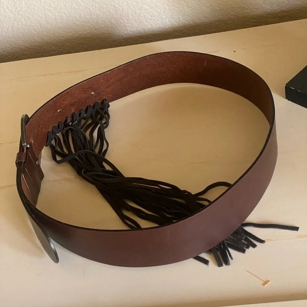 Albatros Wide Fringed Jeweled Leather Belt XL Brown Coastal Cowgirl 90’s Grunge